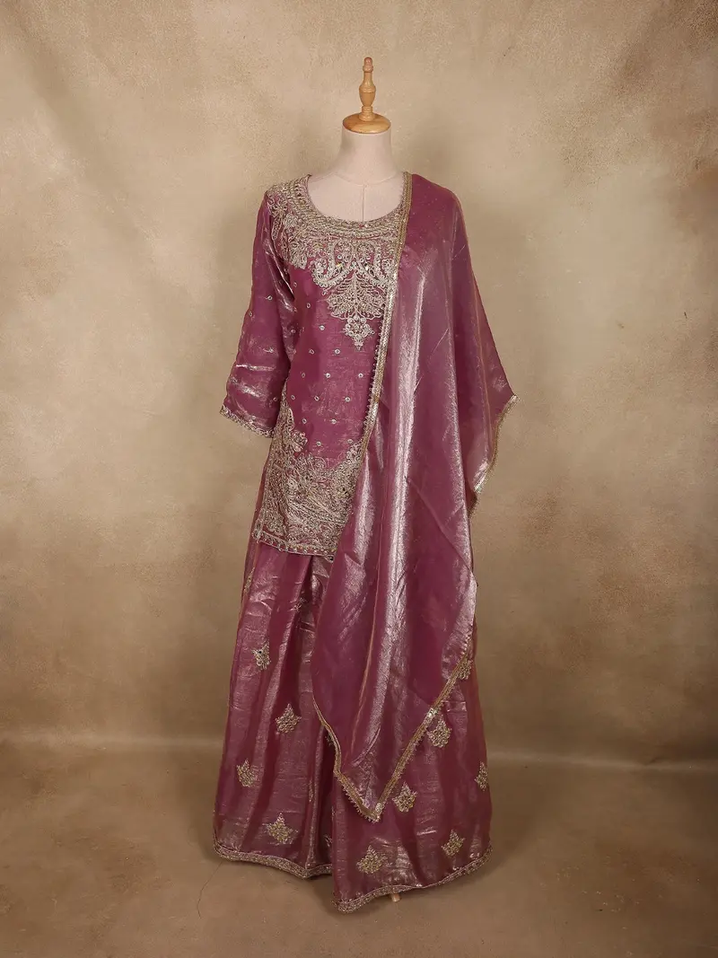 Dusky Rose Mauve Pink Sequins And Beads Embroidered Design Organza Lehenga With Dupatta 1