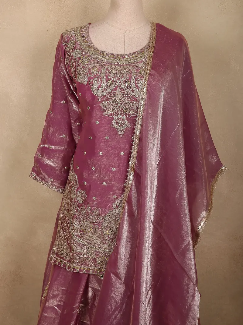 Dusky Rose Mauve Pink Sequins And Beads Embroidered Design Organza Lehenga With Dupatta 2