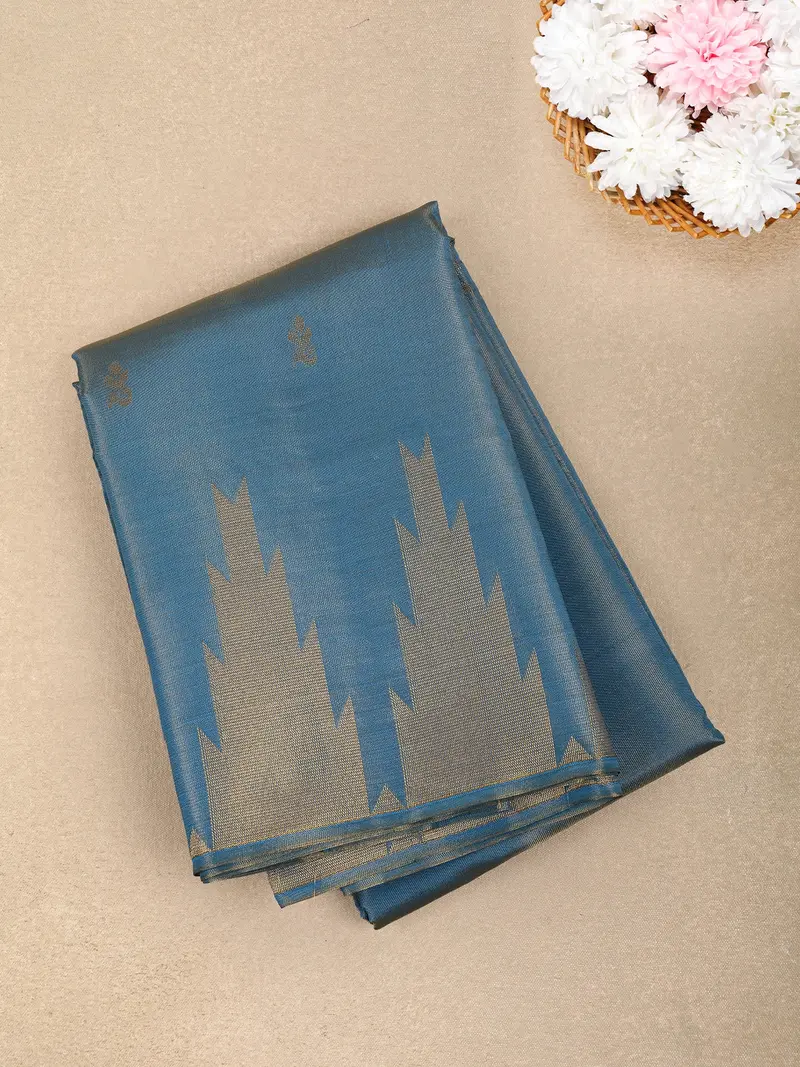 Dusky Teal Blue Floral Butta Zari Woven Design Tissue Designer Saree With Temple Border 1