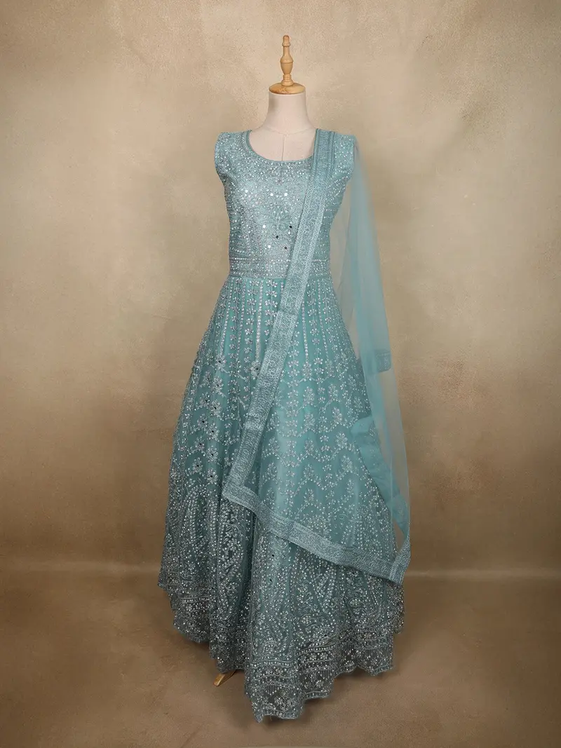 Dusty Aqua Teal Blue Floral Thread And Mirror Embroidered Design Net Anarkali Gown With Dupatta 1