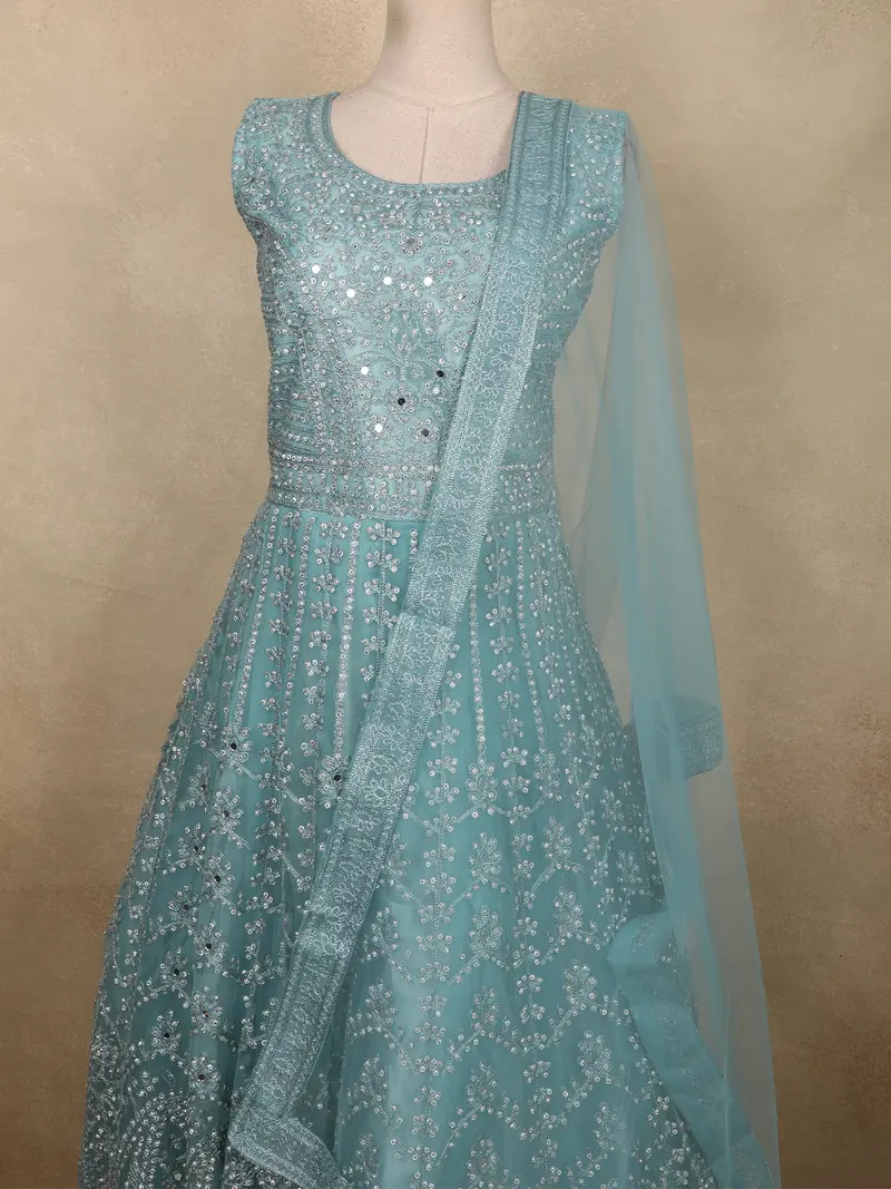 Dusty Aqua Teal Blue Floral Thread And Mirror Embroidered Design Net Anarkali Gown With Dupatta 2