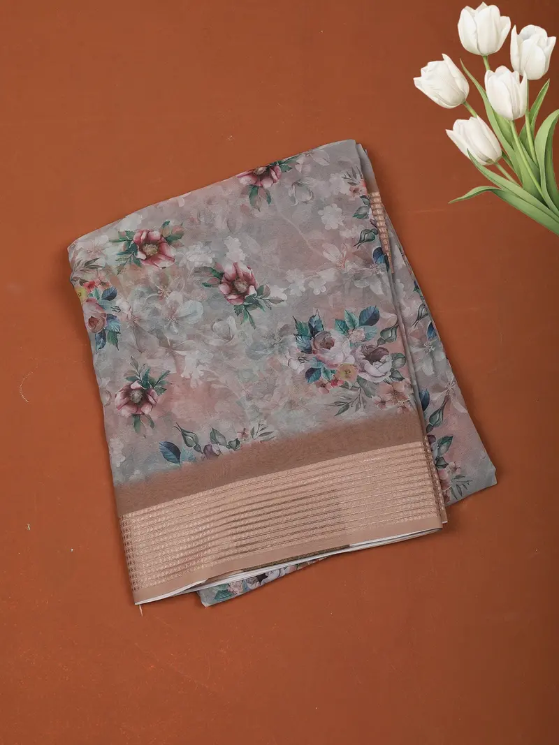 Dusty Beige Floral Printed Design Chiffon Casual Saree With Striped Border 1