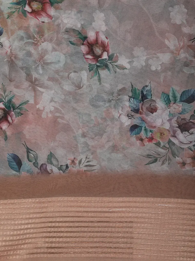 Dusty Beige Floral Printed Design Chiffon Casual Saree With Striped Border 2