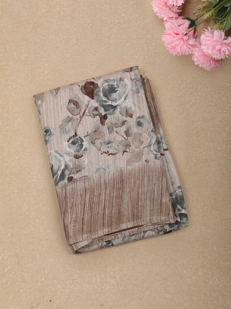 Dusty Beige Floral Printed Design Linen Cotton Casual Wear Saree With Zari Border 1