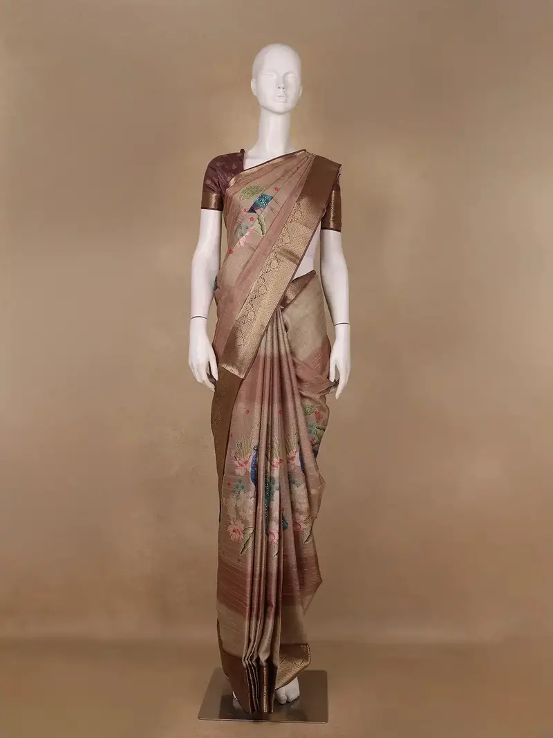 Dusty Beige Peacock And Lotus Print Semi Tussar Saree 1