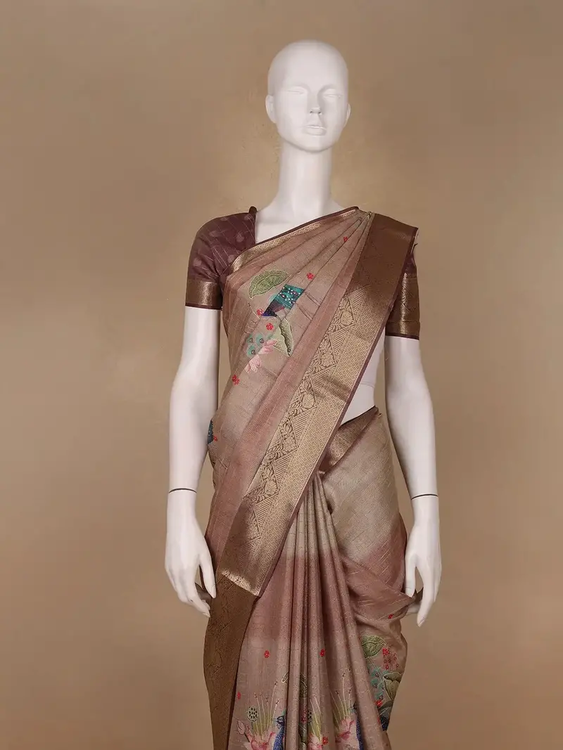 Dusty Beige Peacock And Lotus Print Semi Tussar Saree 2