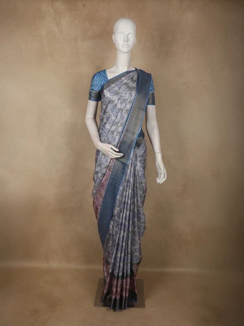 Dusty Blue Abstract Printed Des Semi Tussar Saree 1