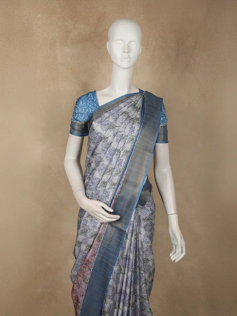 Dusty Blue Abstract Printed Des Semi Tussar Saree 2