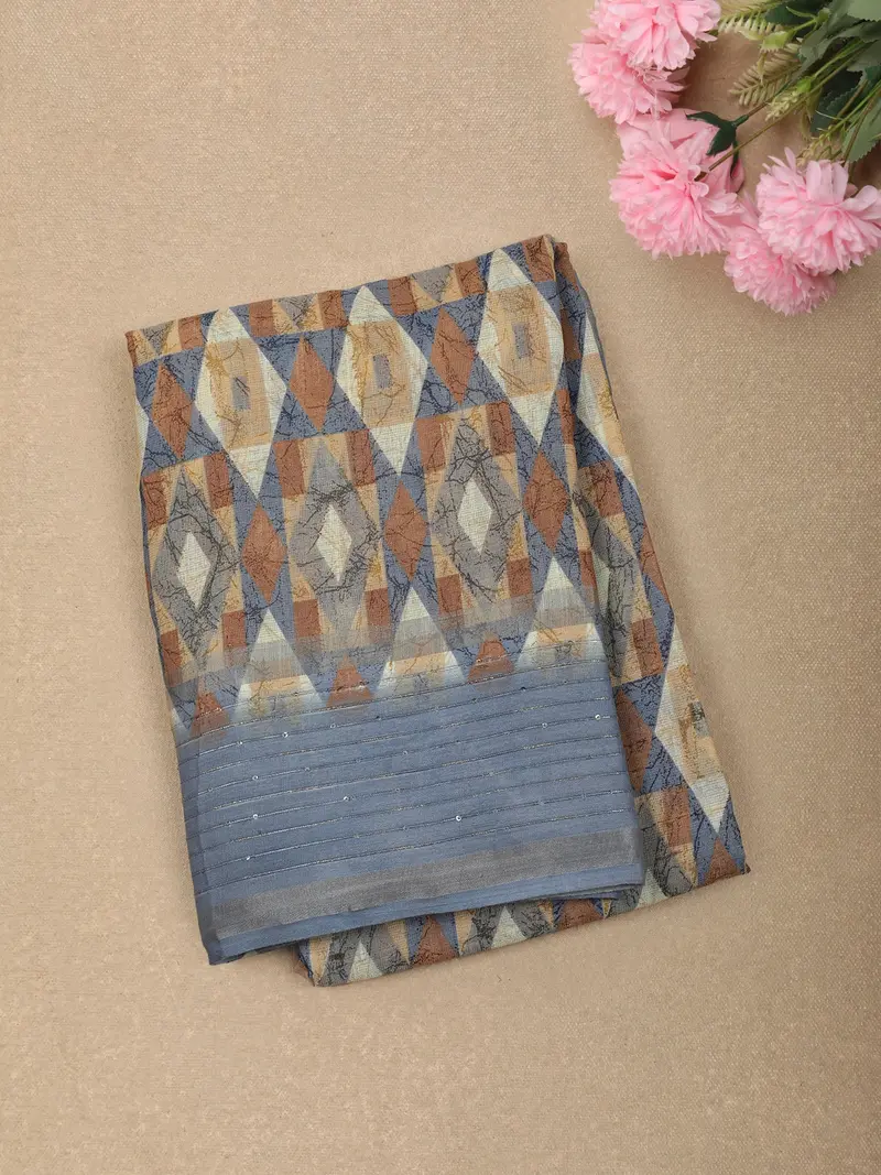 Dusty Blue Abstract Printed Design Linen Cotton Casual Wear Saree With Sequins Border 1