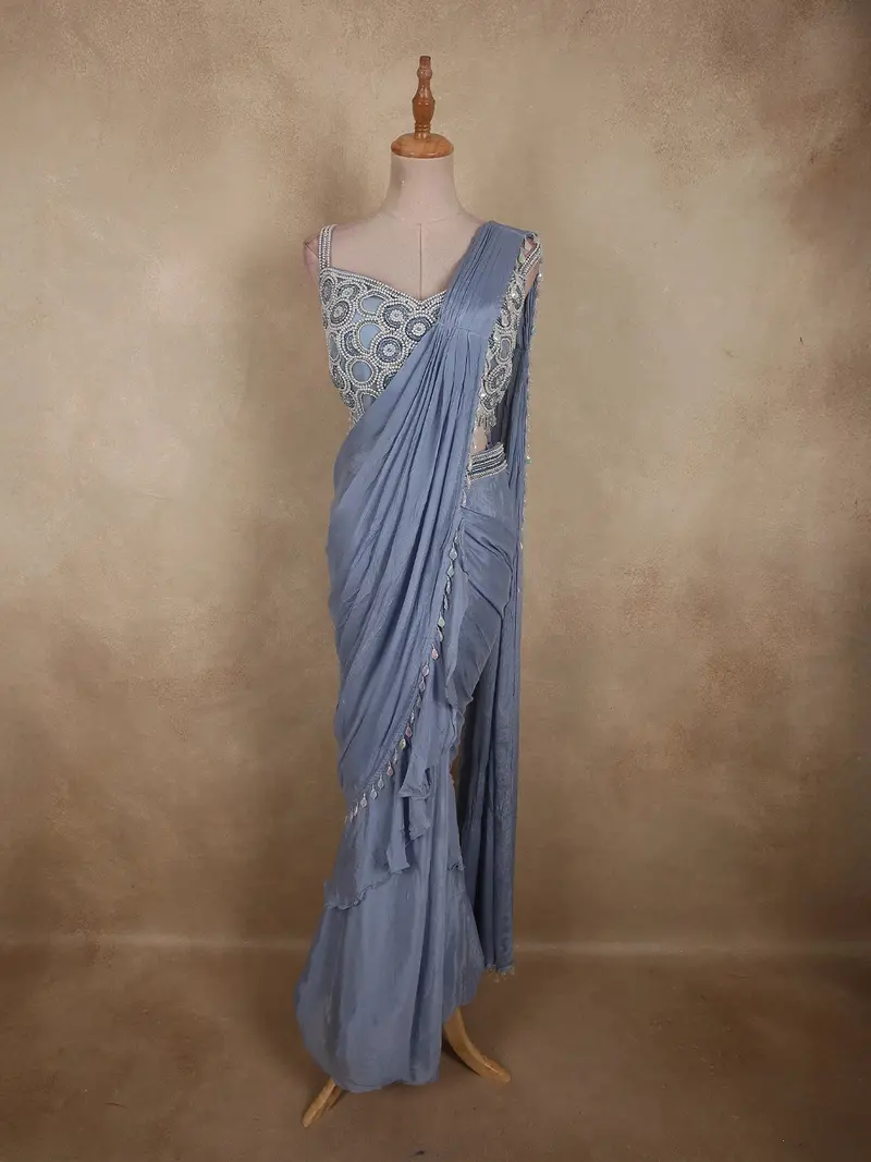 Dusty Blue Beads Embroidered Design Georgette Ready To Wear Saree With Designer Blouse 1