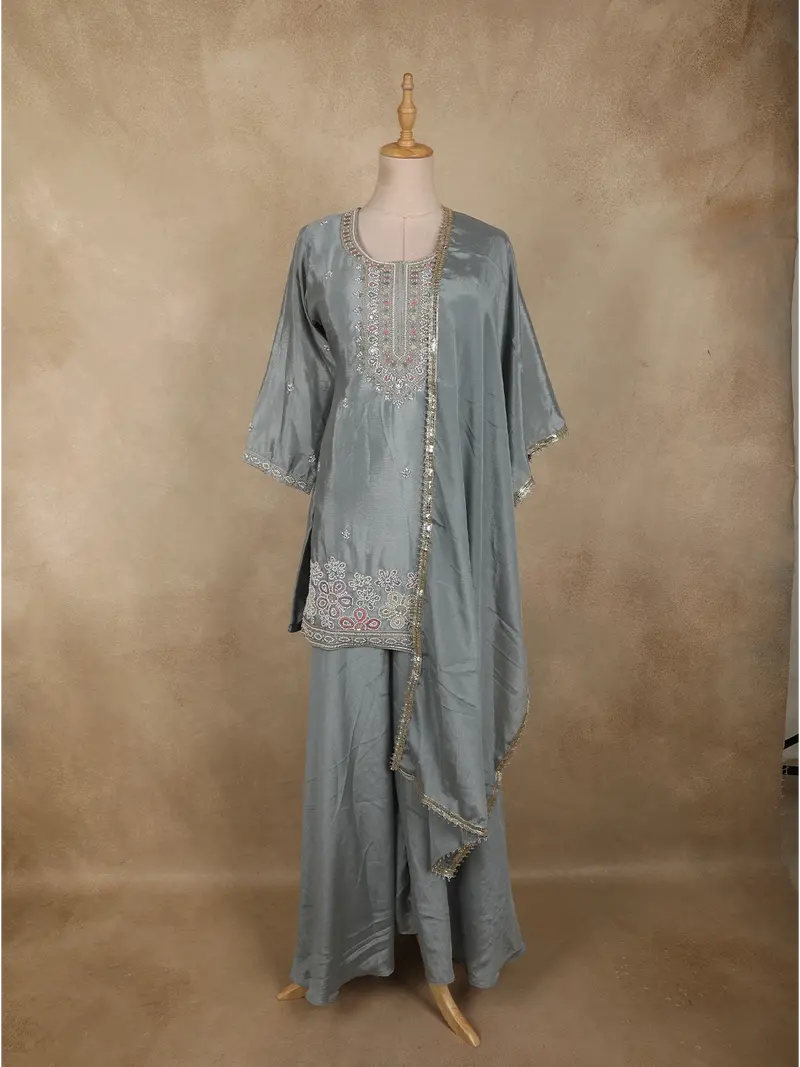 Dusty Blue Floral Beads Embroidered Design Georgette Palazzo Suit With Dupatta 1