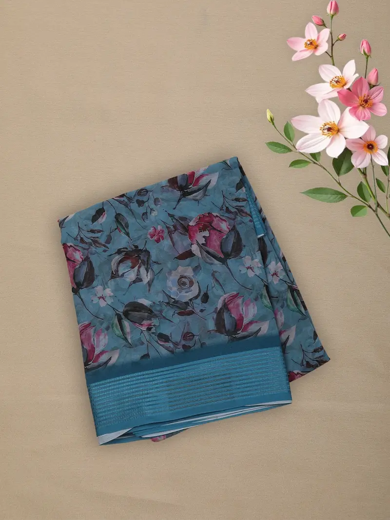 Dusty Blue Floral Printed Chiffon Saree With Self Woven Border 1