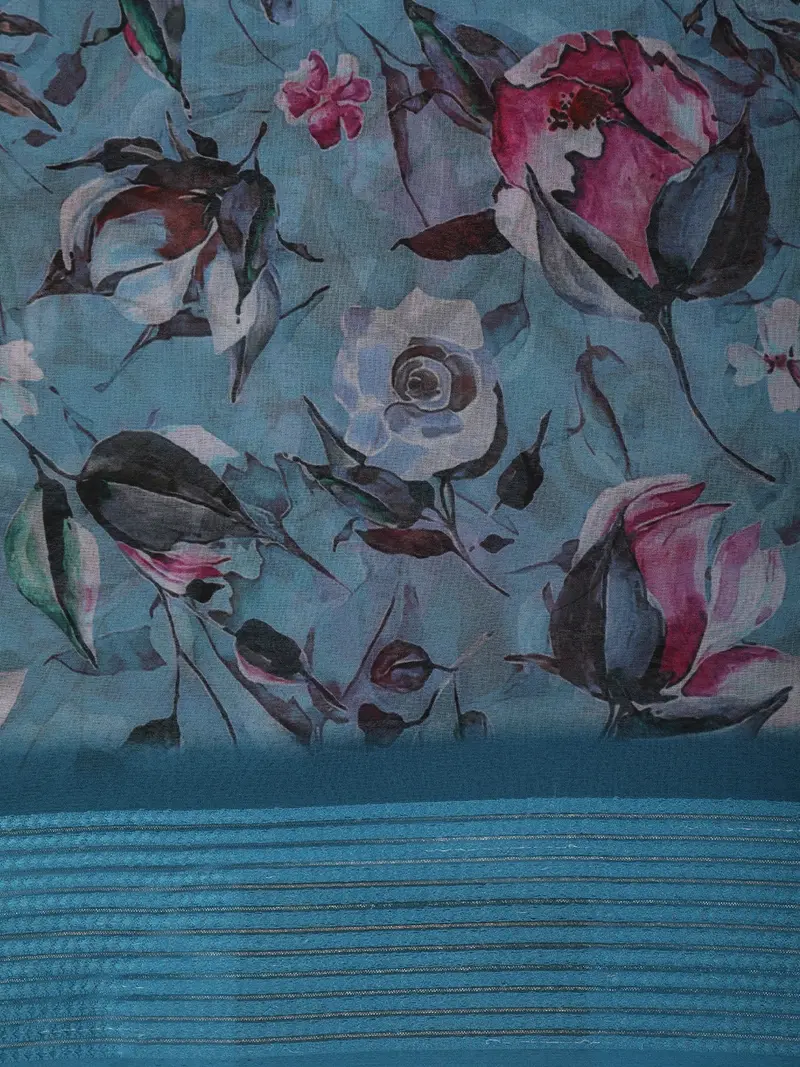 Dusty Blue Floral Printed Chiffon Saree With Self Woven Border 2