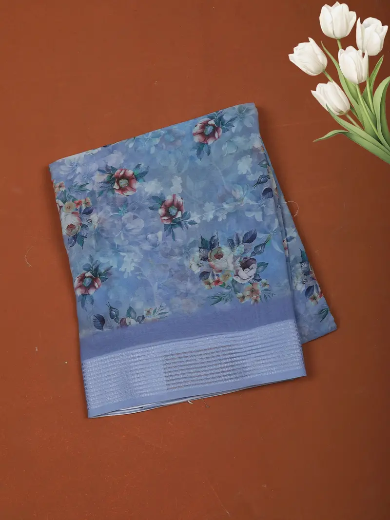 Dusty Blue Floral Printed Design Chiffon Casual Saree With Striped Border 1