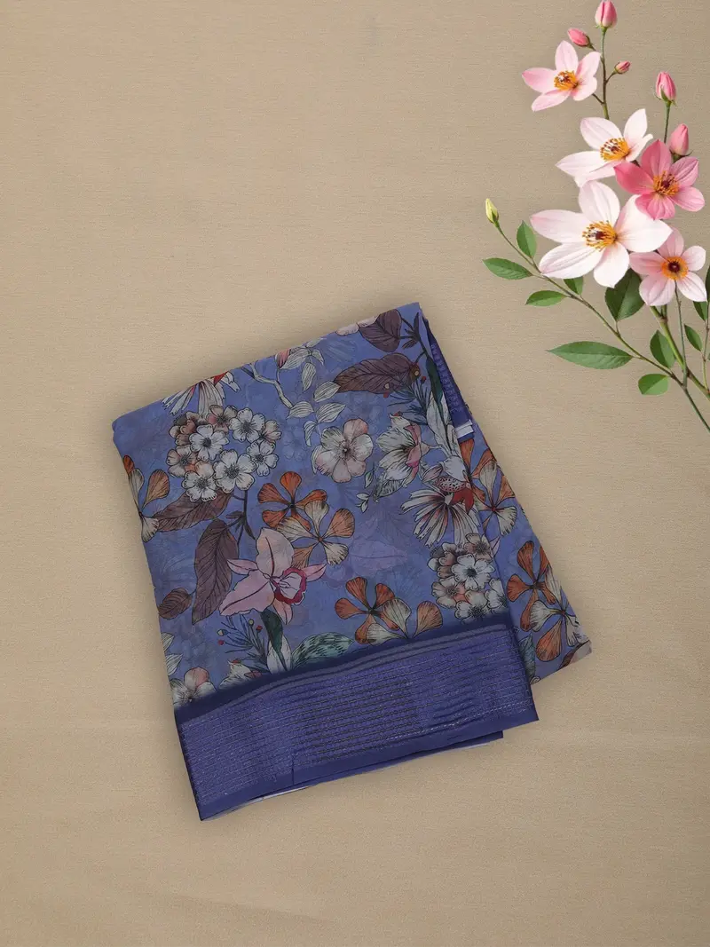 Dusty Blue Floral Printed Design Chiffon Saree 1