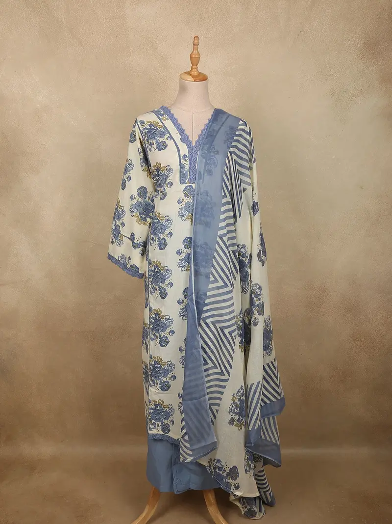 Dusty Blue Floral Printed Design Cotton Salwar Suit With Dupatta 1