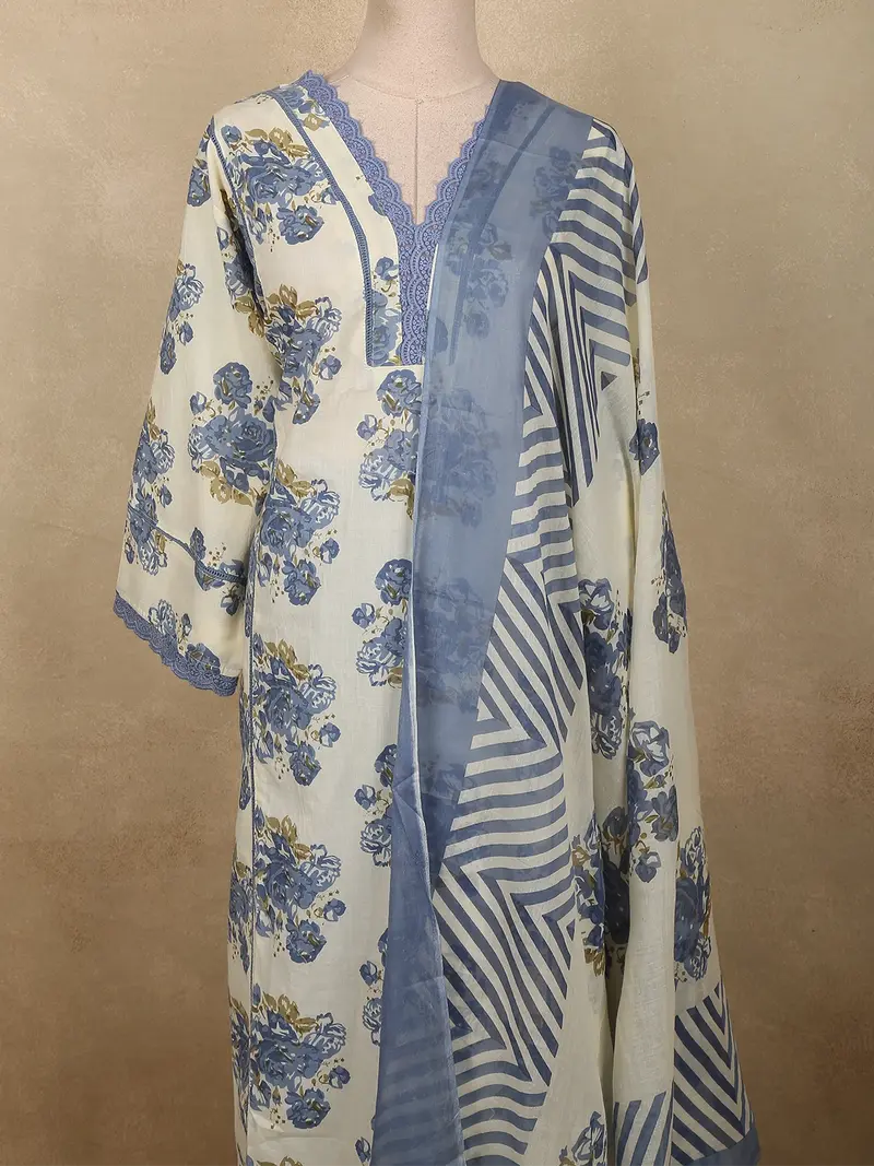 Dusty Blue Floral Printed Design Cotton Salwar Suit With Dupatta 2