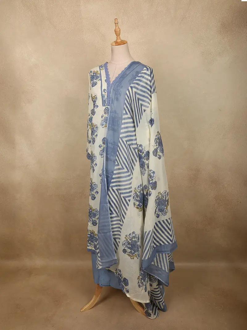 Dusty Blue Floral Printed Design Cotton Salwar Suit With Dupatta 3