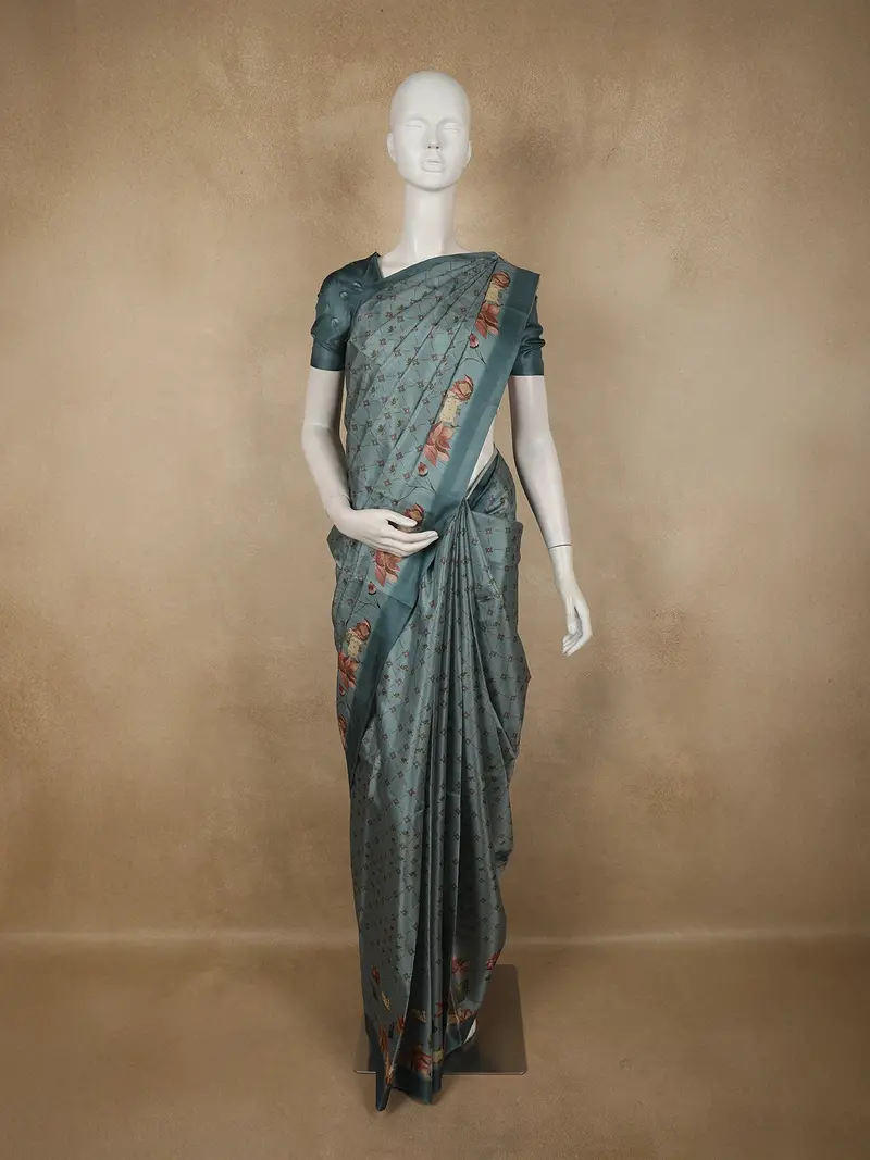 Dusty Blue Floral Printed Design Semi Tussar Fancy Saree With Floral Border 1