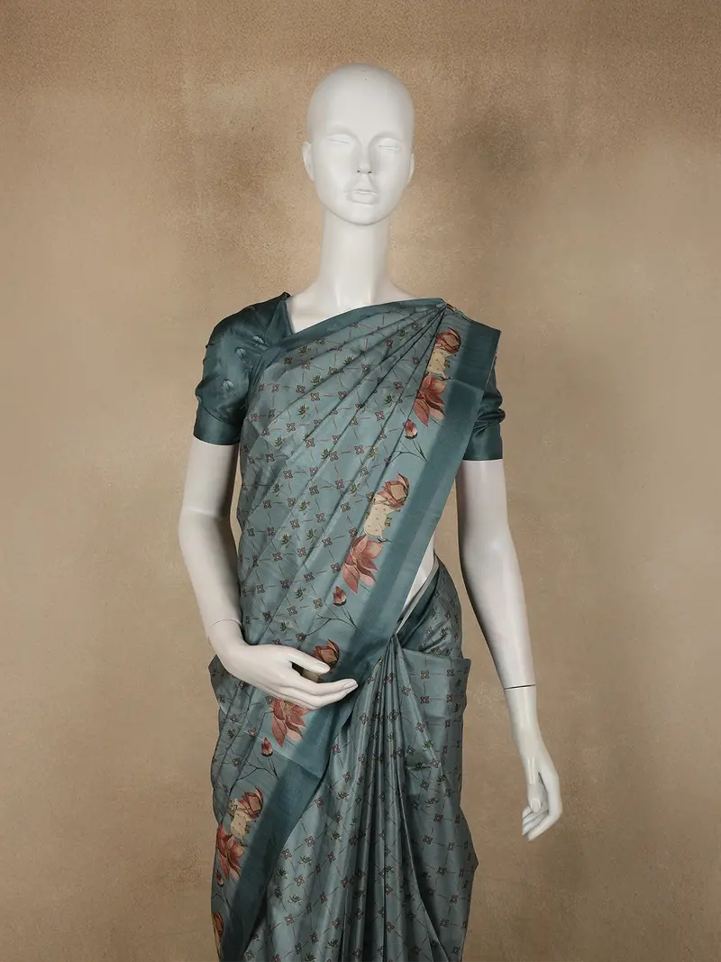 Dusty Blue Floral Printed Design Semi Tussar Fancy Saree With Floral Border 2
