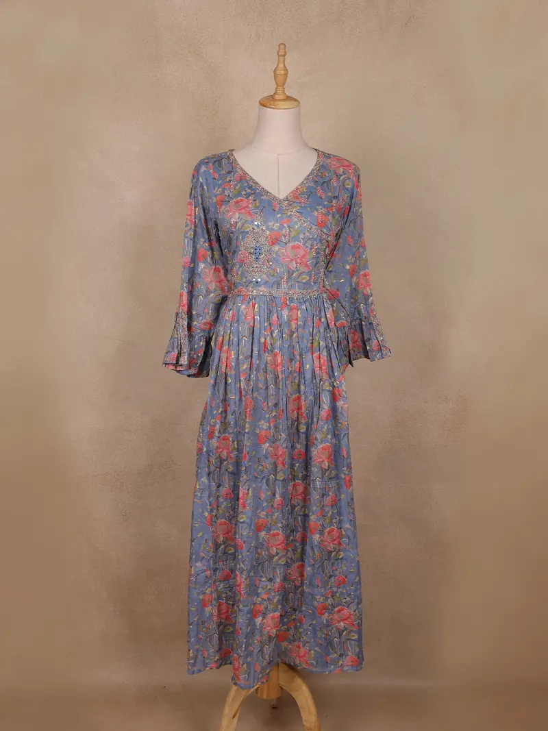 Dusty Blue Floral Printed Embroidered Georgette Kurti 1