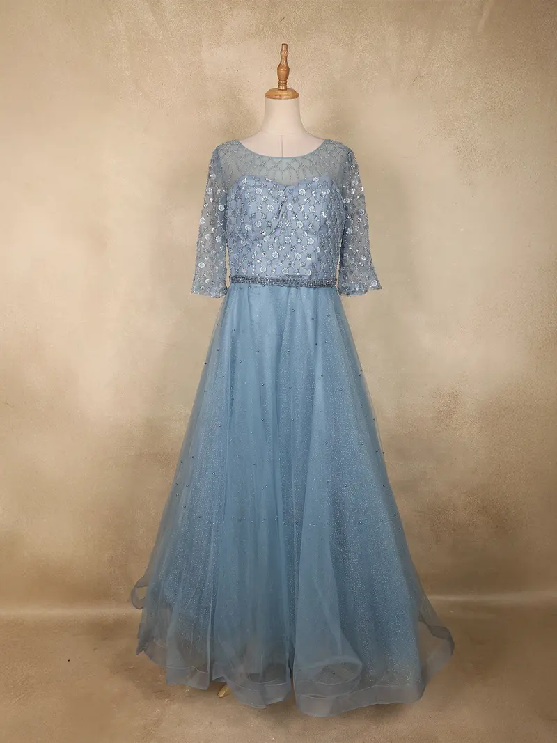 Dusty Blue Floral Sequin Embellished Net Designer Gown 1