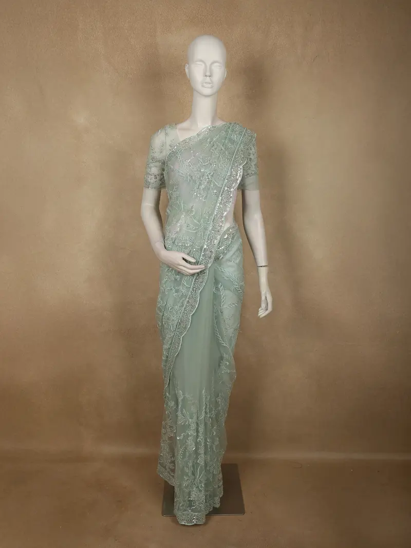 Dusty Blue Floral Sequins And Beads Embroidered Design Net Designer Saree With Scalloped Border 1
