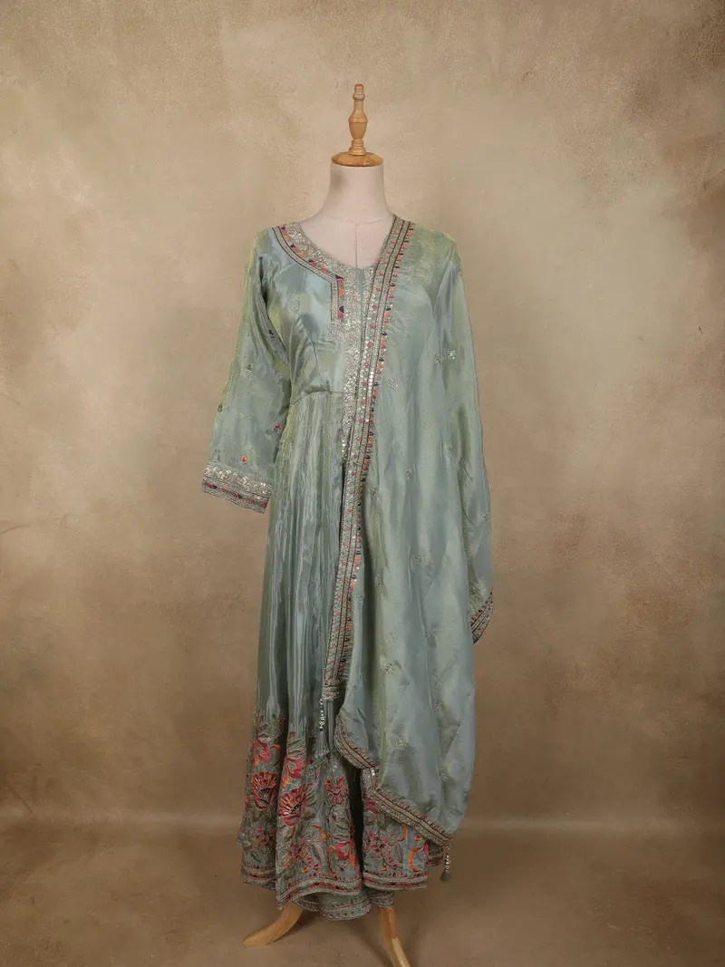 Dusty Blue Floral Thread And Sequins Embroidered Design Organza Mastani Palazzo Suit 1