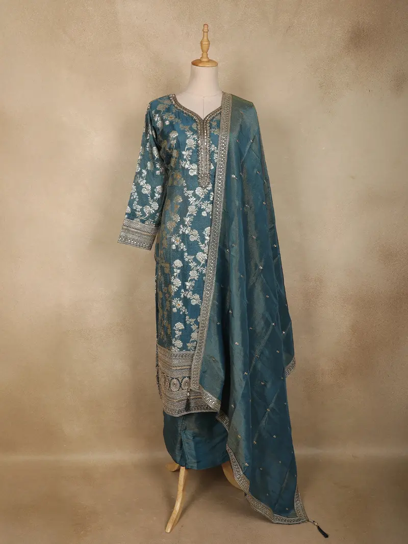 Dusty Blue Floral Zari Woven Design Banarasi Silk Anarkali Salwar Suit 1