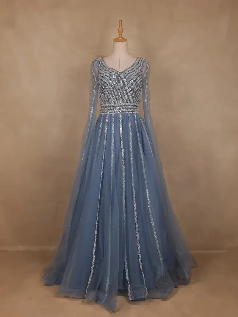Dusty Blue Sequin Embroidered Net Party Gown With Corset Back 1
