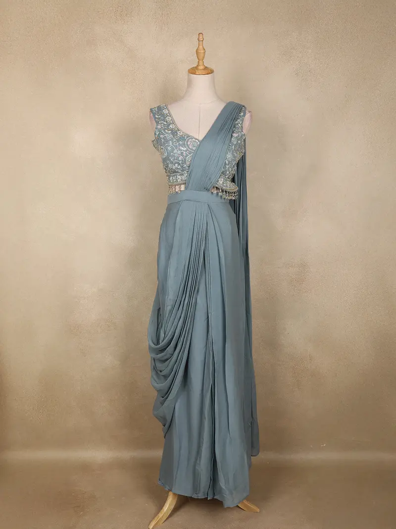 Dusty Blue Sequins Embellished Design Georgette Ready To Wear Saree With Designer Blouse 1
