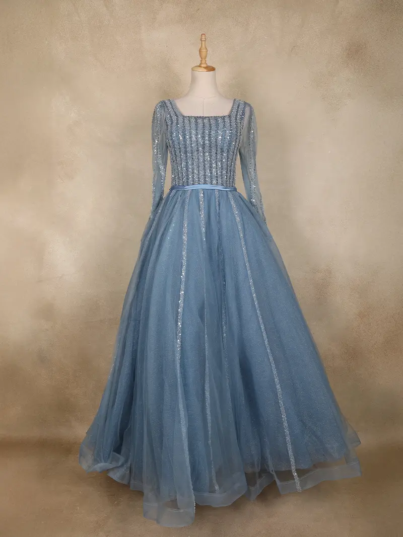 Dusty Blue Sequins Embellished Design Net Ball Gown With Full Sleeves 1