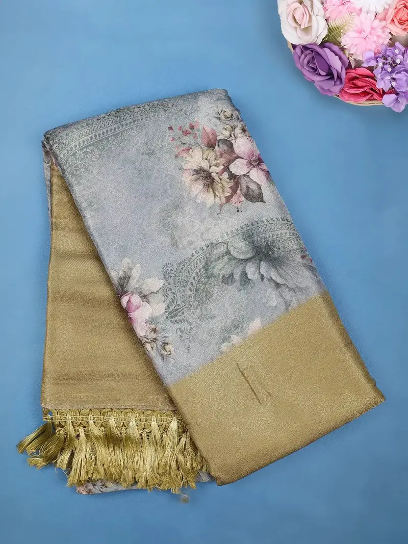 Dusty Blue Vintage Floral Printed Soft Silk Saree 1