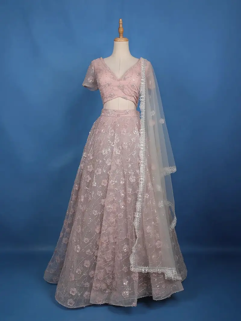 Dusty Blush Pink Floral And Sequins Embroidered Net Lehenga For Bridesmaids 1