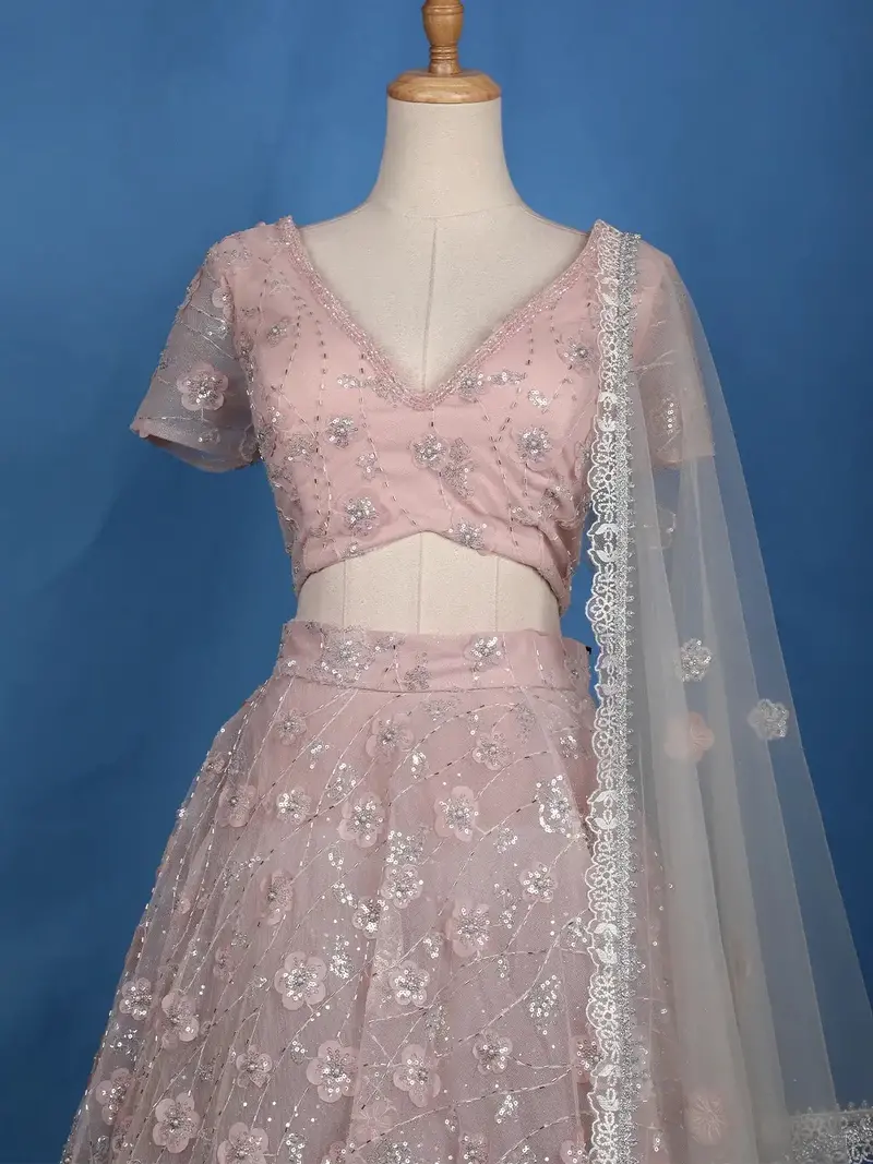 Dusty Blush Pink Floral And Sequins Embroidered Net Lehenga For Bridesmaids 2