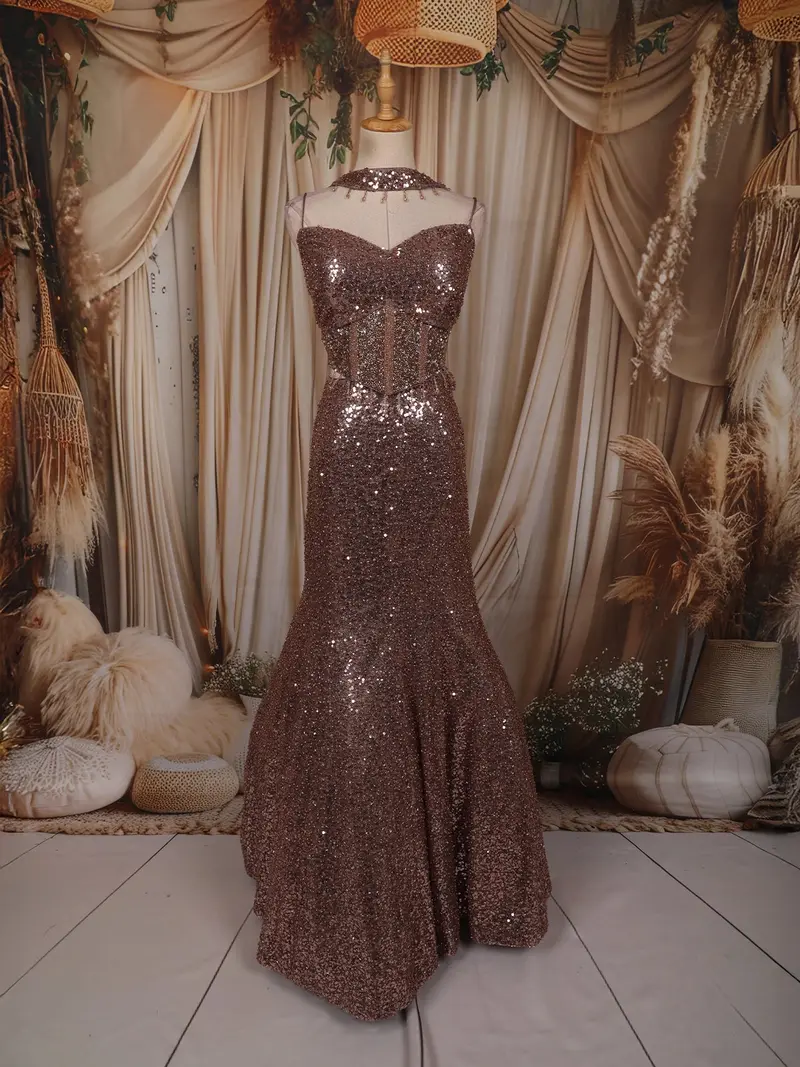 Dusty Brown Heavy Sequins And Beads Embroidered Design Mermaid Sequins Lehenga With Choker Dupatta 1