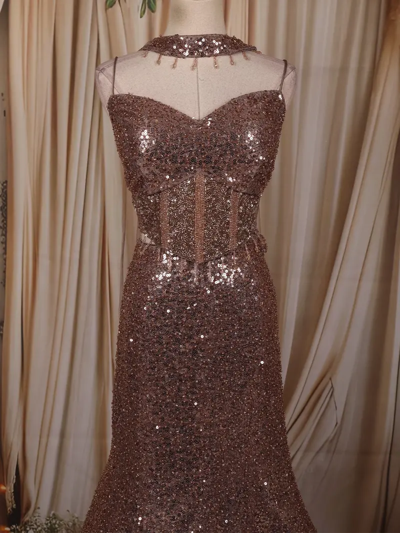 Dusty Brown Heavy Sequins And Beads Embroidered Design Mermaid Sequins Lehenga With Choker Dupatta 2
