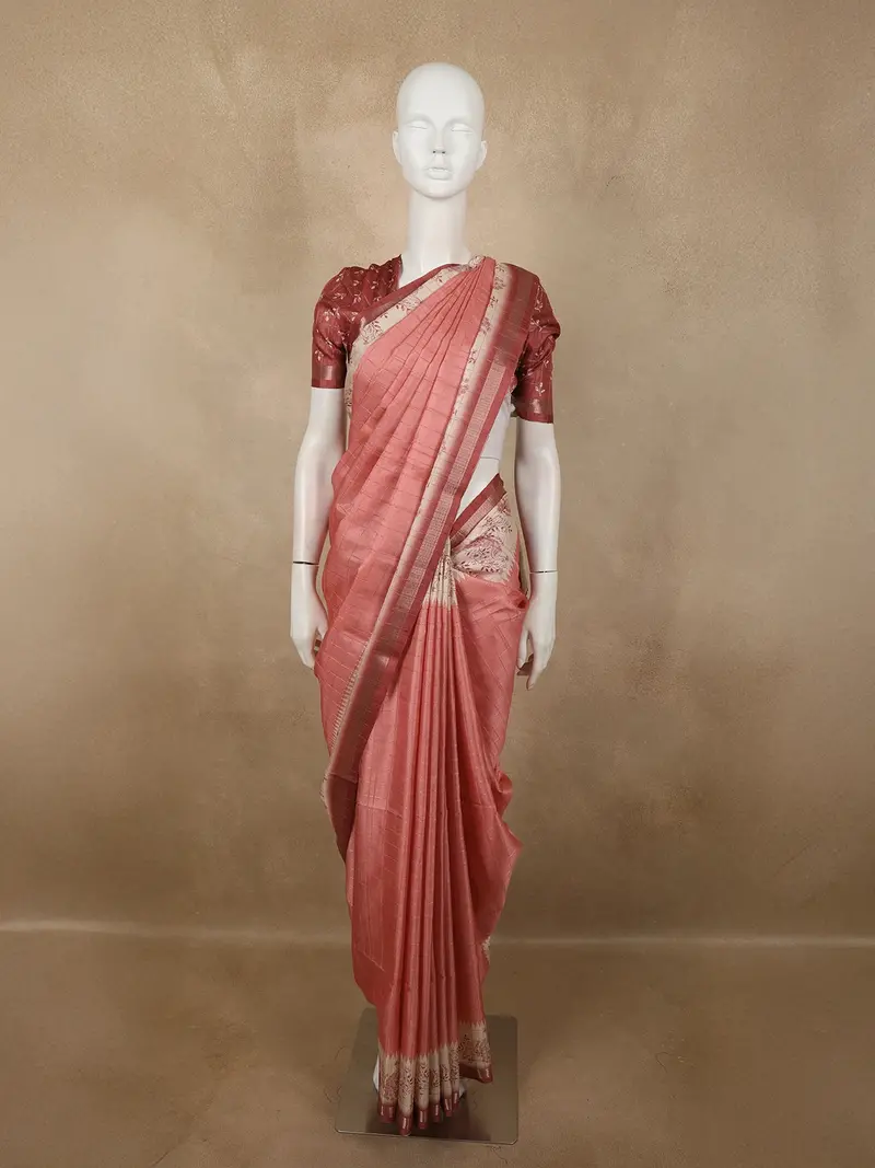 Dusty Coral Pink Checked Zari Woven Design Tussar Silk Saree With Peacock Border 1