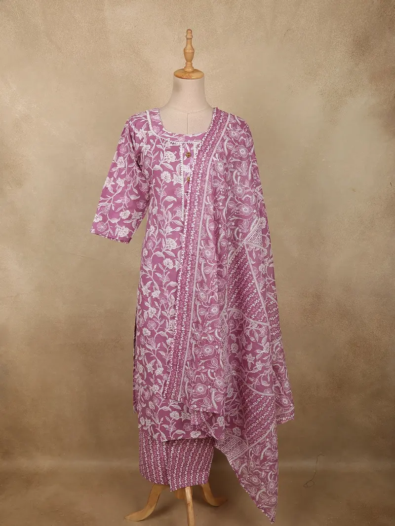 Dusty Lavender Floral Printed Design Cotton Straight Cut Salwar Suit With Dupatta 1