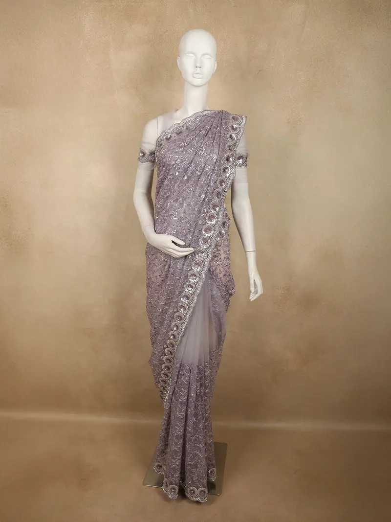 Dusty Lavender Floral Sequins And Thread Embroidered Design Net Designer Saree With Designer Border 1