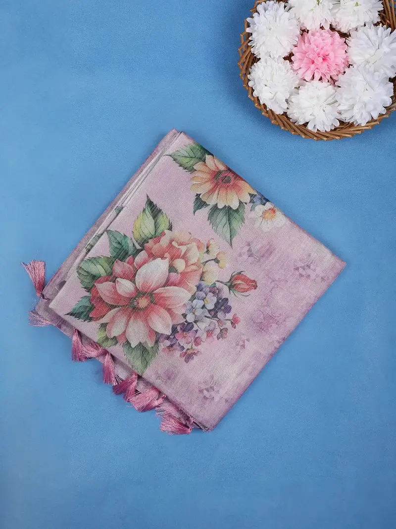 Dusty Lavender Rose Floral Digital Print Cotton Saree 1
