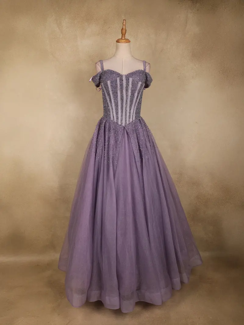 Dusty Lavender Sequins And Beads Embellished Design Net Ball Gown With Cold Shoulder Straps 1