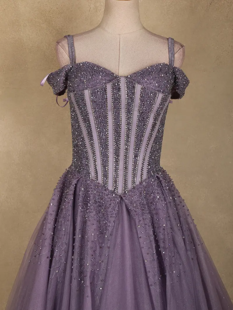 Dusty Lavender Sequins And Beads Embellished Design Net Ball Gown With Cold Shoulder Straps 2