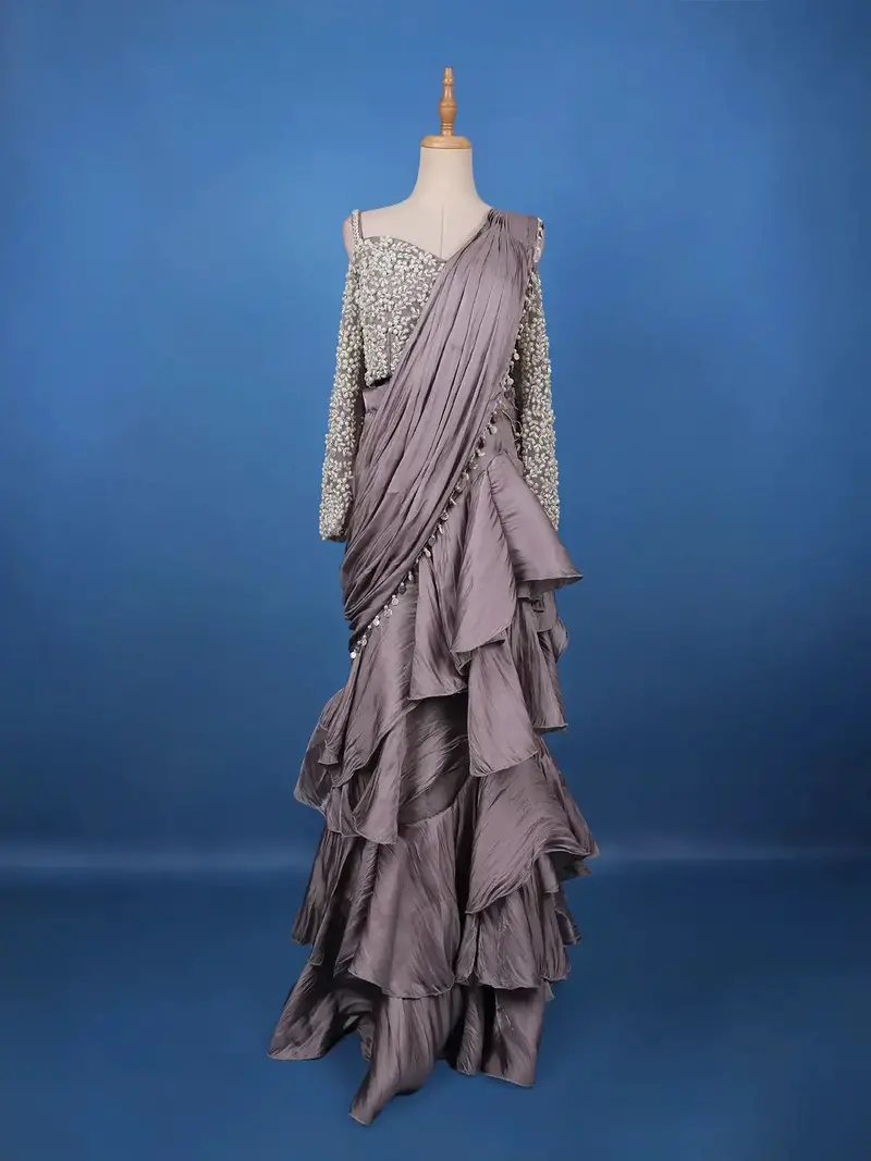 Dusty Lavender Solid Design Ruffle Drape Georgette Ready To Wear Saree 1