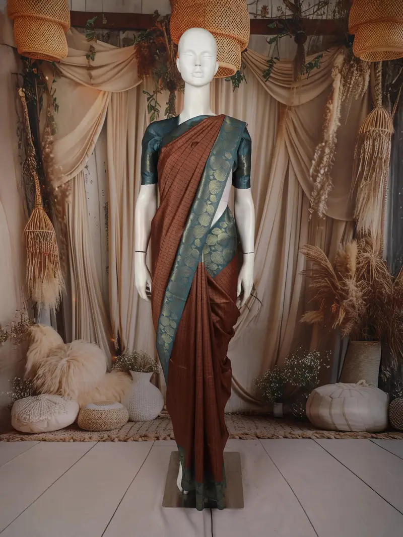 Dusty Maroon Checked Zari Woven Design Semi Tussar Saree With Contrast Zari Border 1