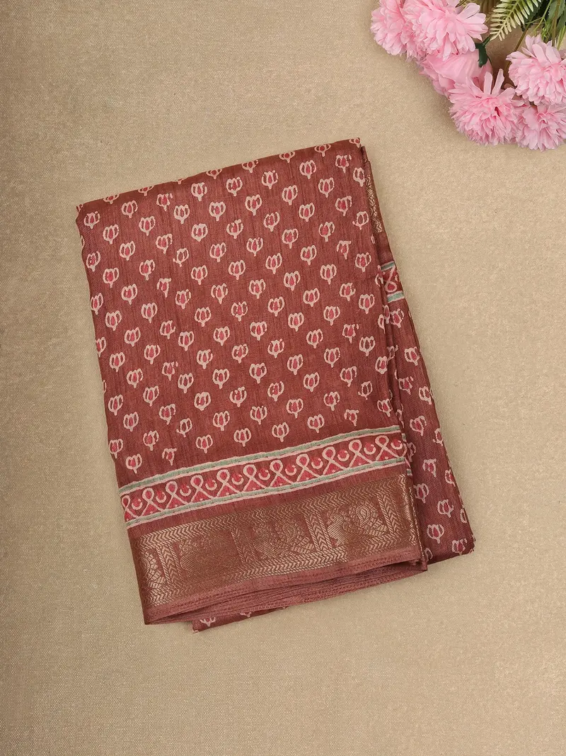 Dusty Maroon Floral Butta Printed Design Mixed Cotton Saree With Zari Border 1