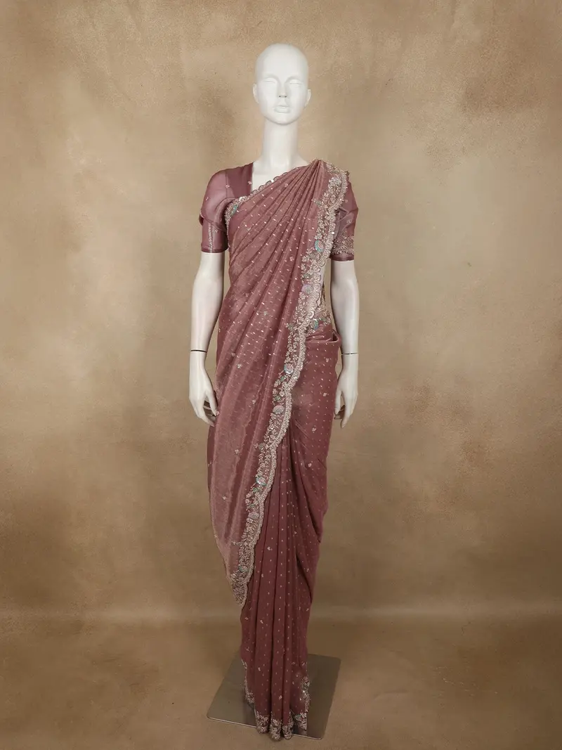 Dusty Mauve Butta Zari Woven Design Organza Fancy Saree With Scalloped Border 1