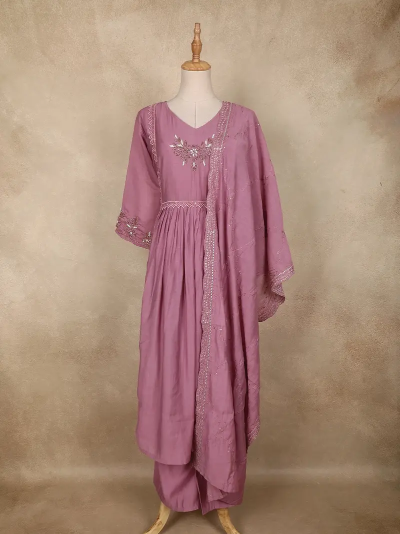 Dusty Mauve Floral Embroidered Cotton Anarkali Salwar Suit With Dupatta 1