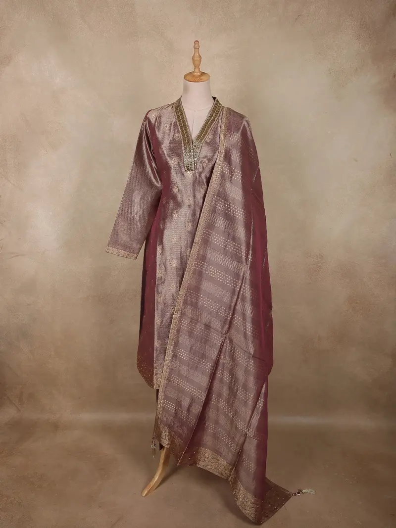 Dusty Mauve Floral Embroidered Design Tissue Salwar Suit With Dupatta 1