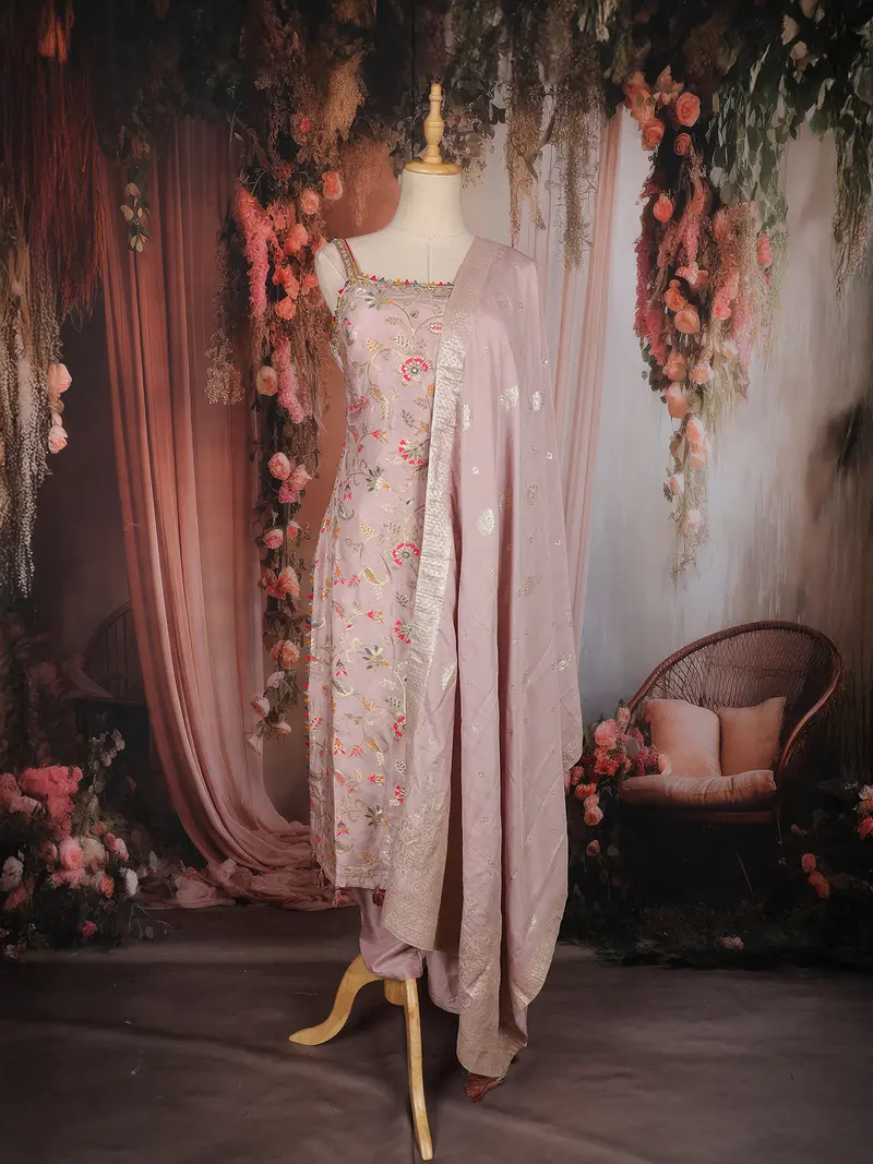 Dusty Mauve Floral Embroidered Silk Straight Suit With Designer Dupatta 1